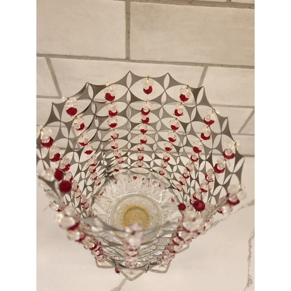 MCM Style 70s Or 80s Candle Holder Glass Base‎ With Beaded And Metal Tin Shade